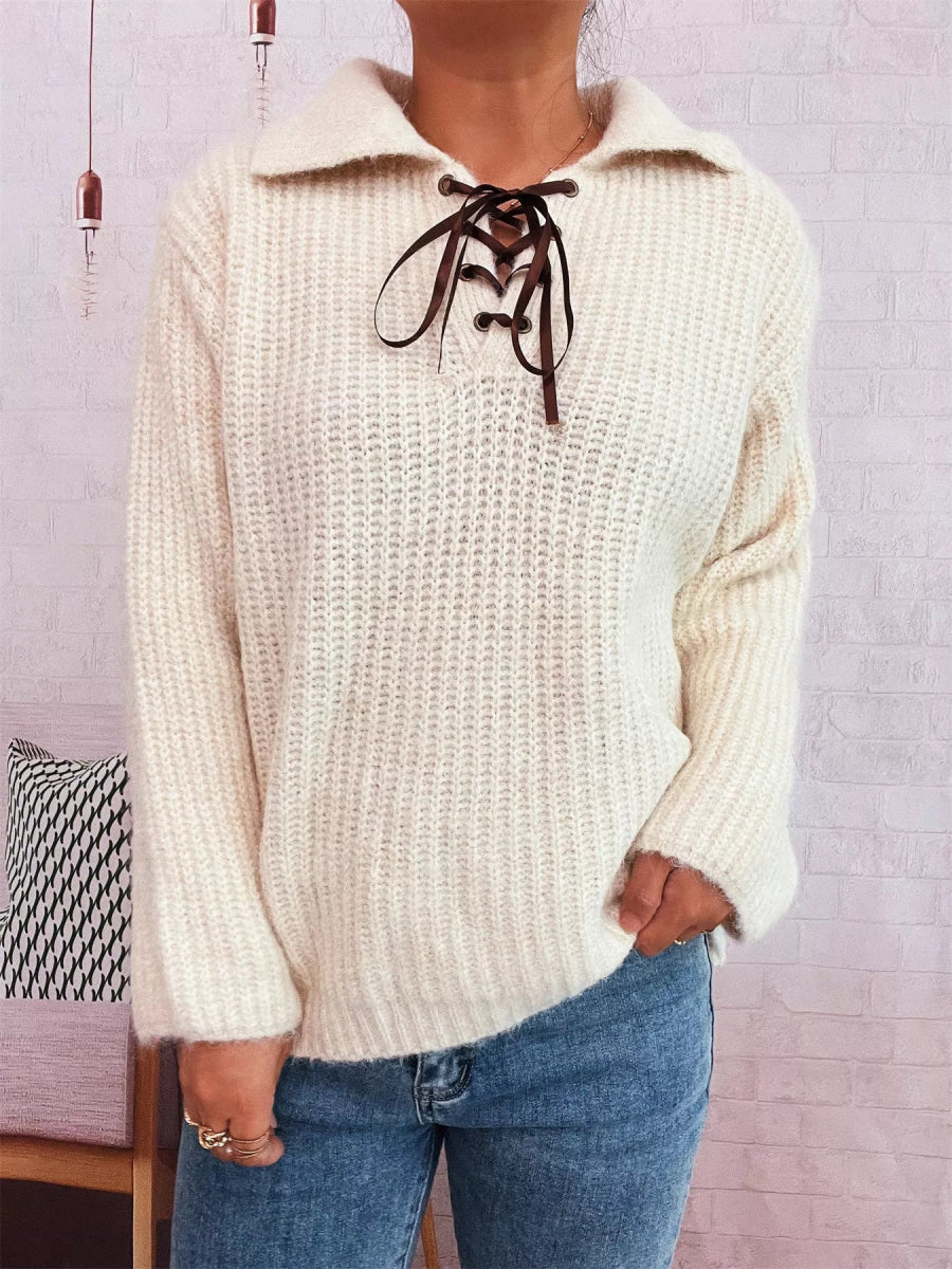 Lace Up Long Sleeve Sweater - CELIVINE