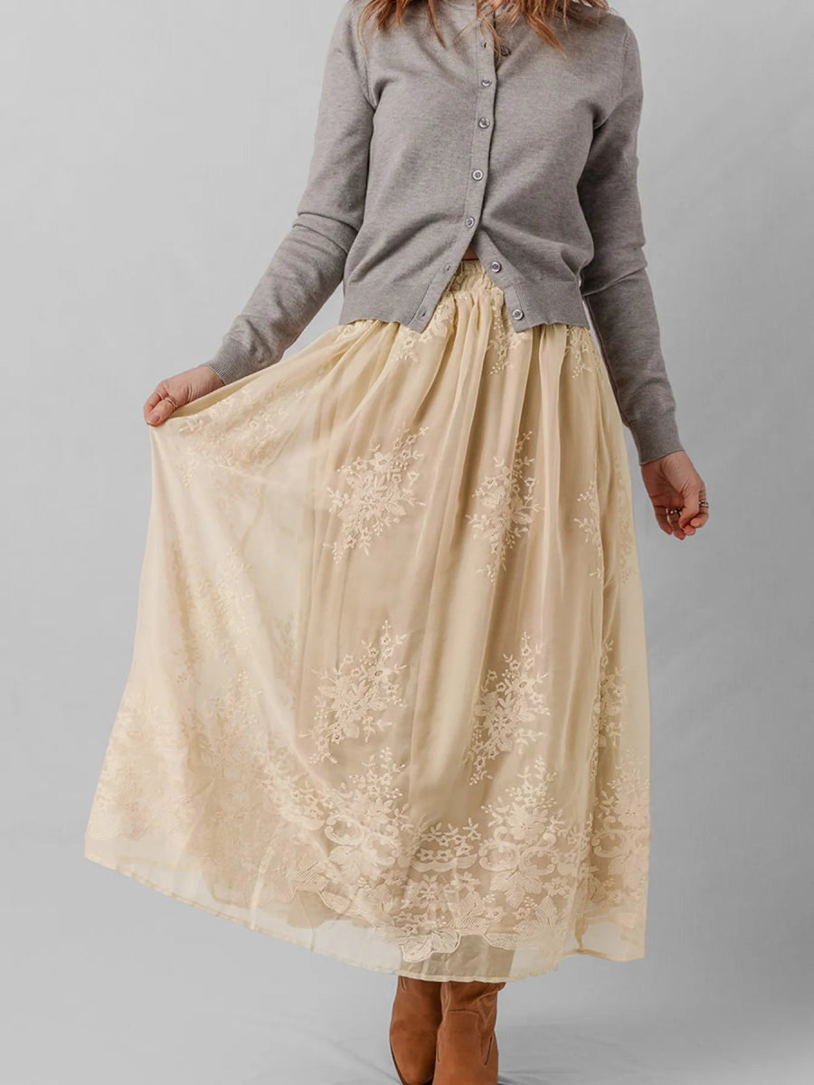 Embroidered Mesh Overlay Flowy Midi Skirt - CELIVINE