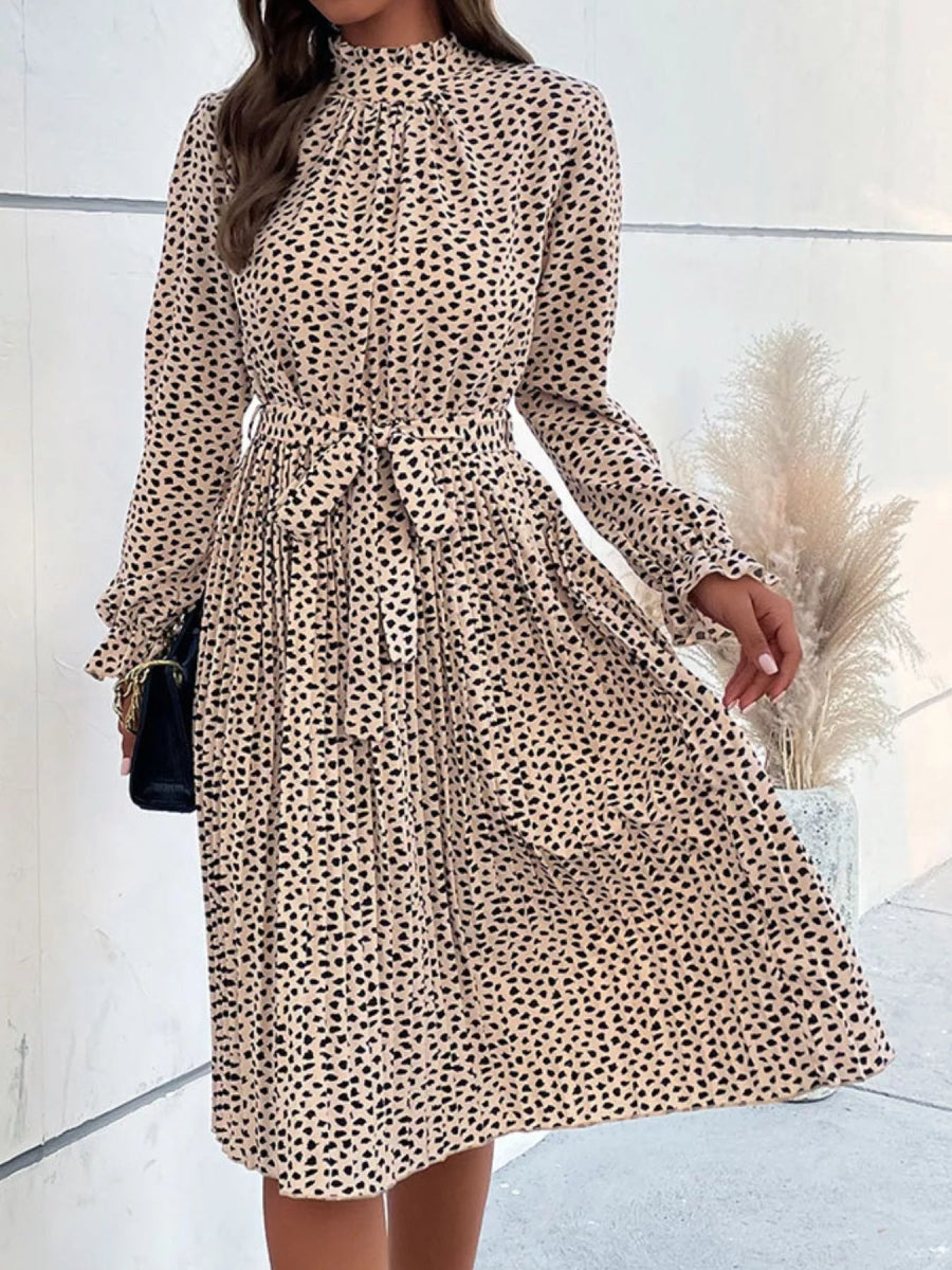 Animal Print Mock Neck Flounce Sleeve Dress - CELIVINE