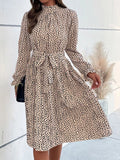 Animal Print Mock Neck Flounce Sleeve Dress - CELIVINE