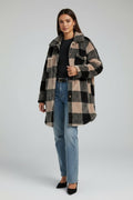 Button Down Collared Neck Plaid Teddy Coat with Pockets - CELIVINE