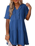 Tiered Notched Short Sleeve Mini Dress - CELIVINE