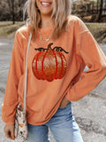 Halloween Sequined Pumpkin Ribbed Round Neck Sweatshirt - CELIVINE