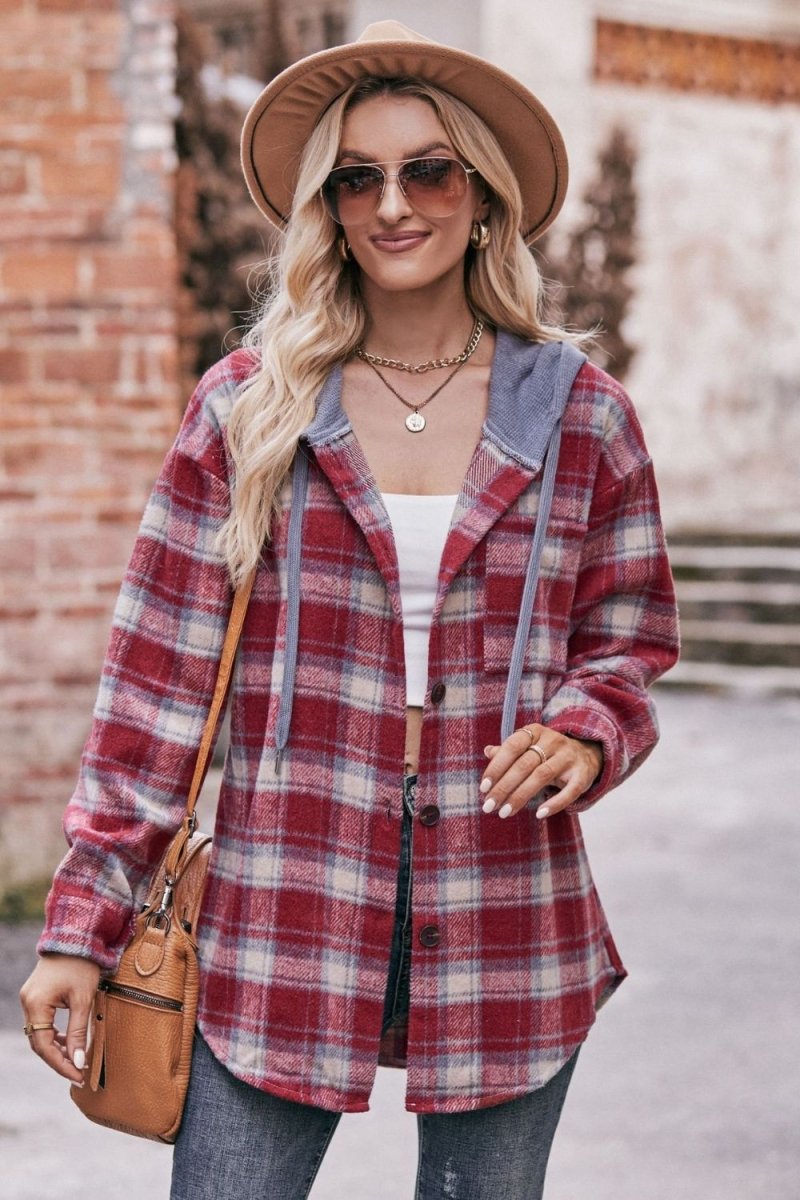 Mandy Plaid Dropped Shoulder Hooded Longline Jacket - CELIVINE