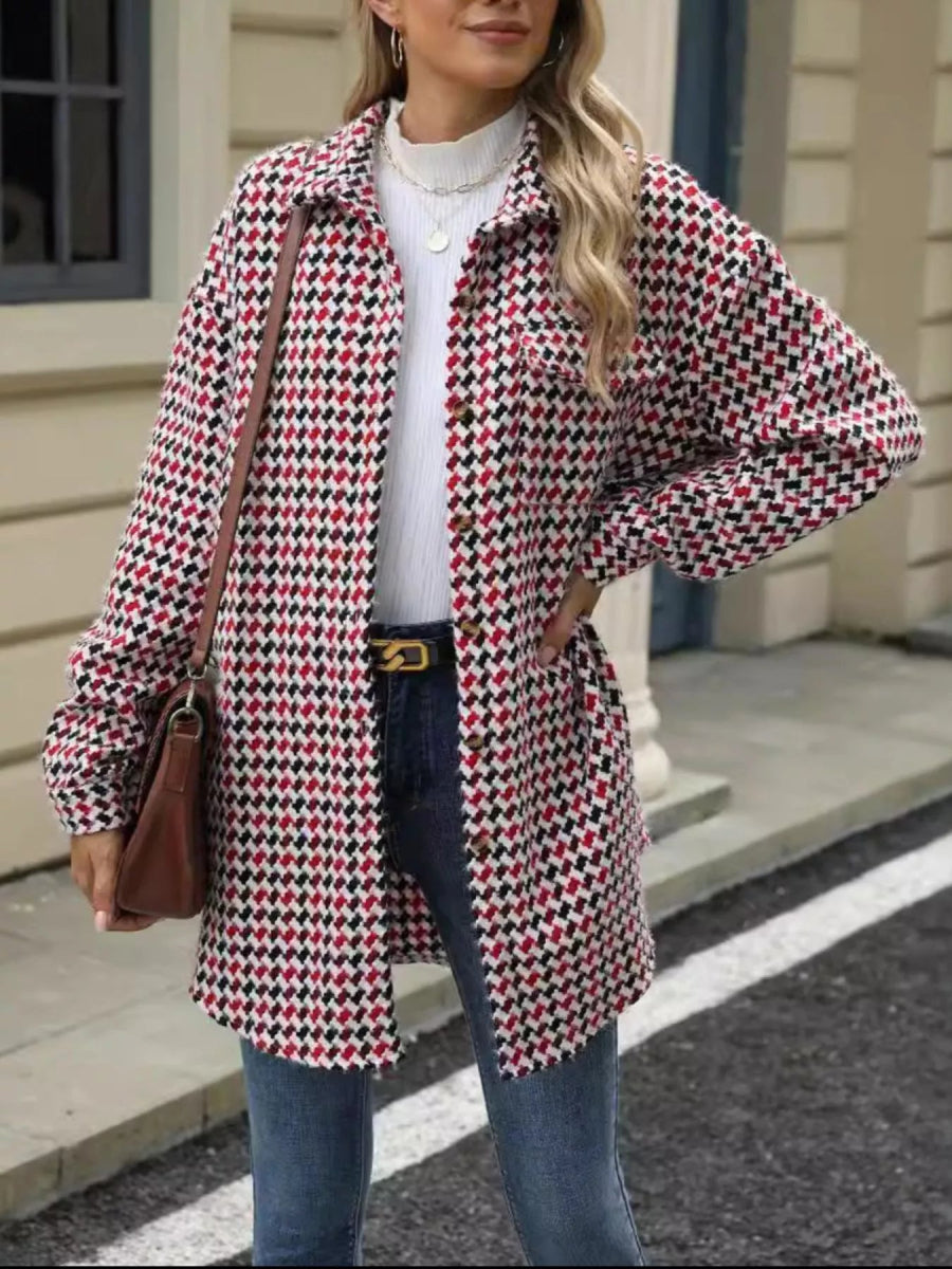Houndstooth Button Up Long Sleeve Coat - CELIVINE