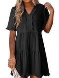 Tiered Notched Short Sleeve Mini Dress - CELIVINE