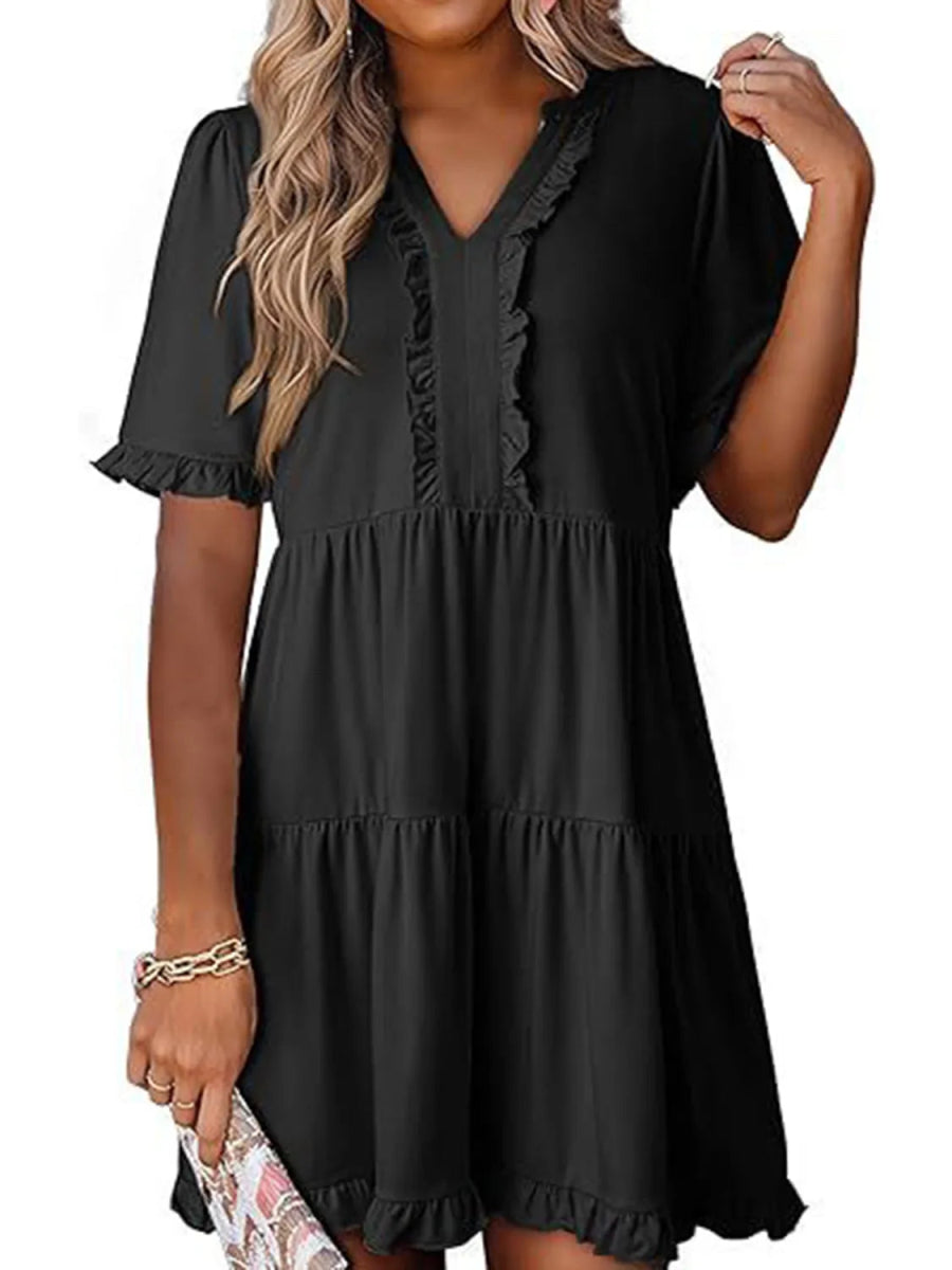 Tiered Notched Short Sleeve Mini Dress - CELIVINE