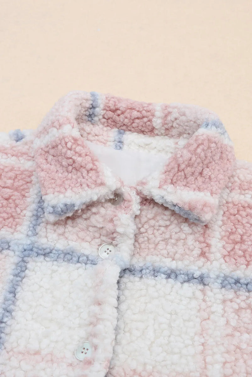 Plaid Button Up Collared Neck Sherpa Jacket - CELIVINE