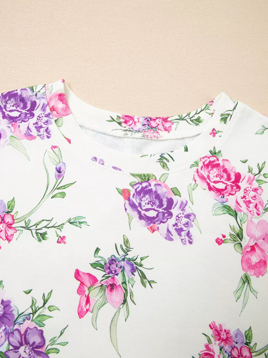 Floral Print Round Neck Top and Drawstring Pants Lounge Set - CELIVINE