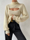 Cutout Front Turtleneck Long Sleeve Sweater - CELIVINE