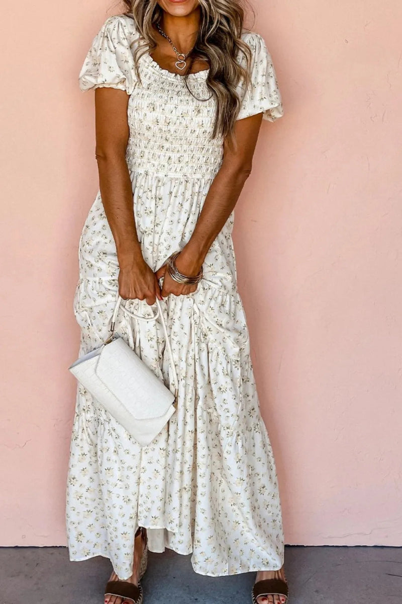 Floral Smocked Short Puff Sleeve Maxi Dress - CELIVINE