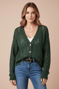 Openwork Button Up Long Sleeve Cardigan - CELIVINE