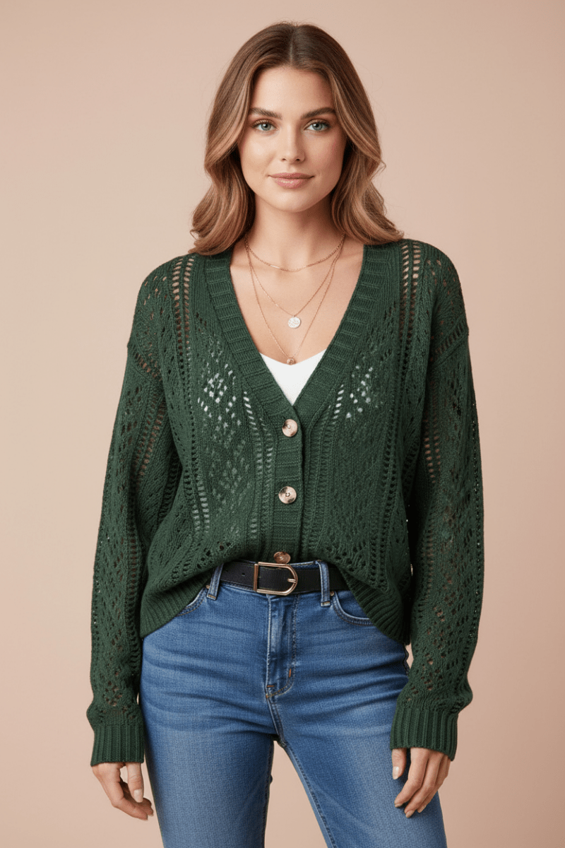 Openwork Button Up Long Sleeve Cardigan - CELIVINE