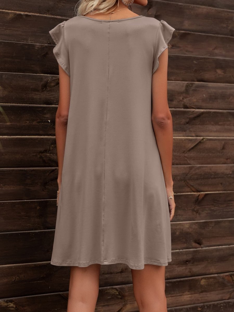Round Neck Flutter Sleeve Dress with Pockets - CELIVINE