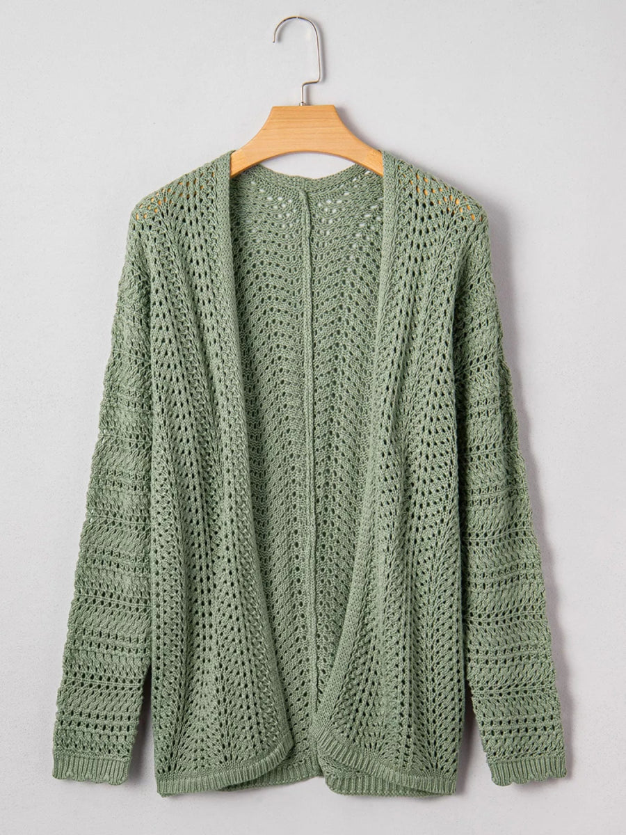 Scalloped Edge Eyelet Knit Batwing Sleeve Cardigan - CELIVINE
