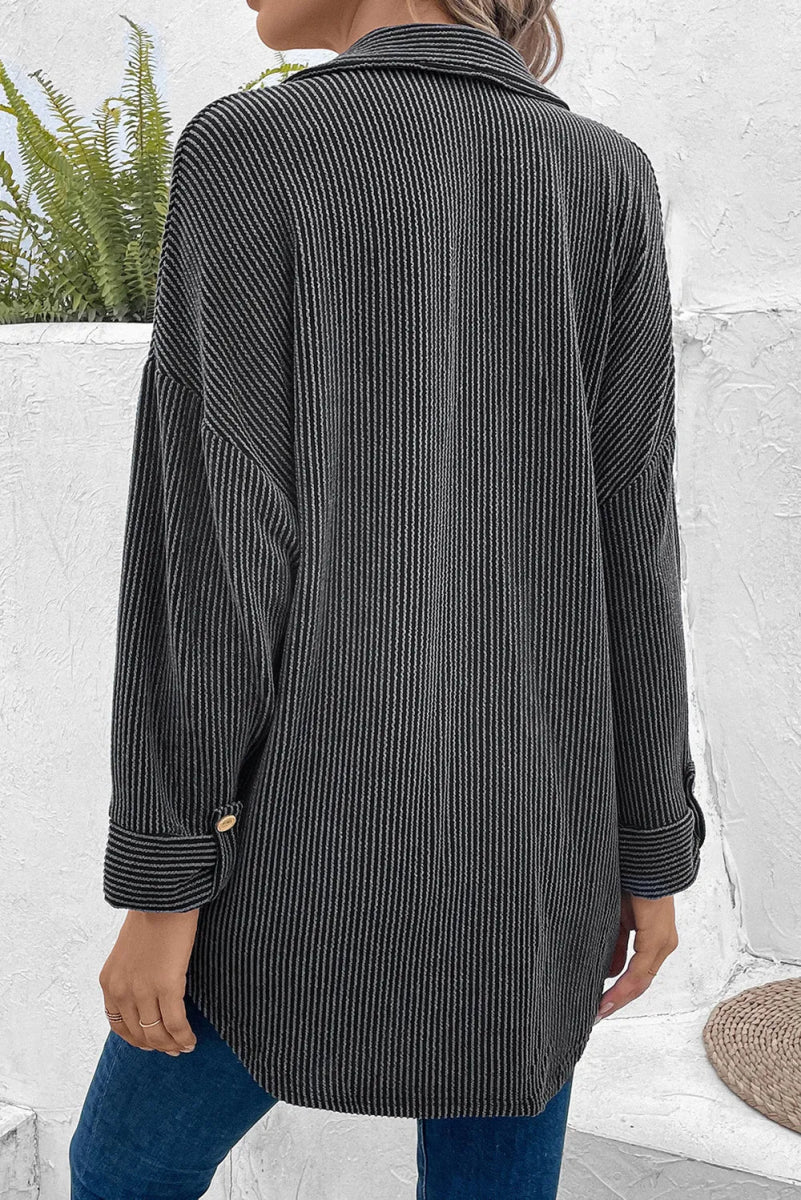 Dropped Shoulder Long Sleeve Shirts with Pocket - CELIVINE