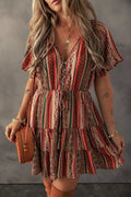 Bohemian Floral Print Buttoned V Neck Ruffle Tiered Dress - CELIVINE