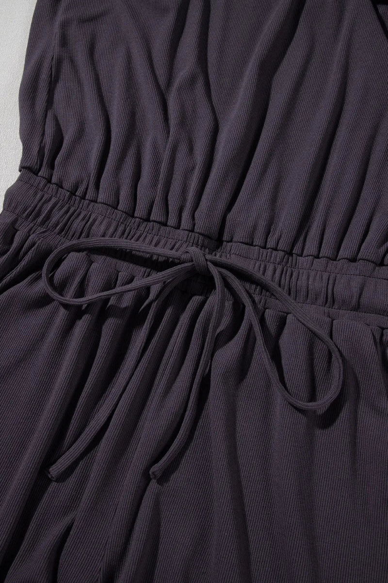 Knit Open Back Cap Sleeve Drawstring Romper - CELIVINE