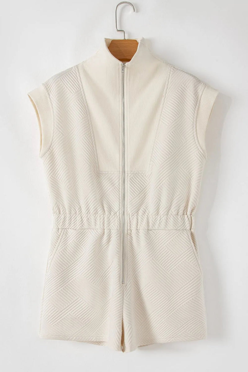 Textured Zip Front Romper with Pockets - CELIVINE