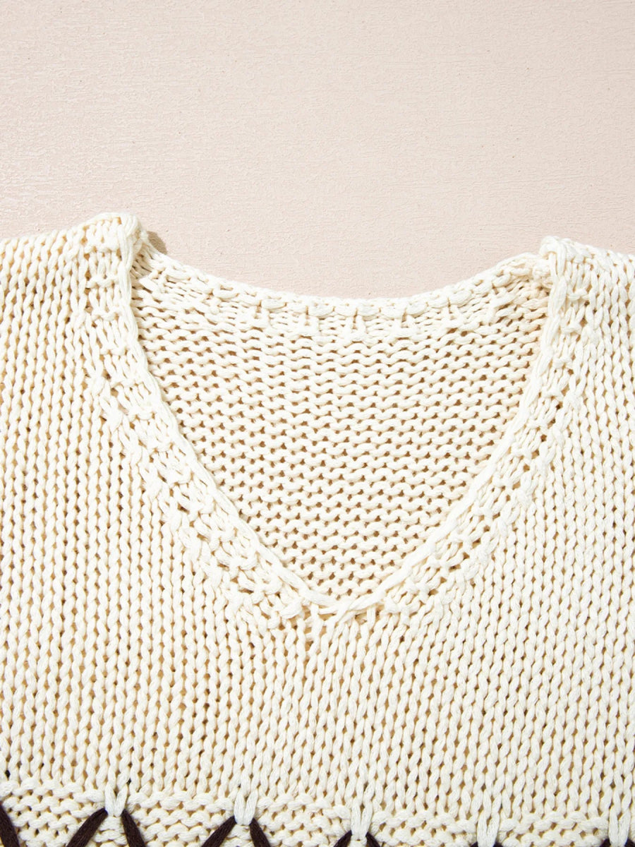 Contrast Stitch Detail V Neck Drop Shoulder Sweater - CELIVINE