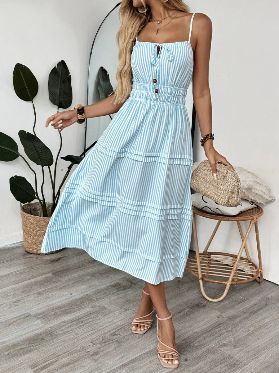 Striped Spaghetti Strap Midi Dress - CELIVINE
