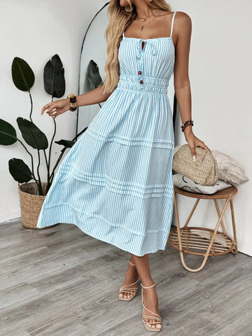 Striped Spaghetti Strap Midi Dress - CELIVINE