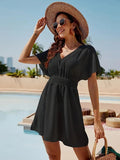 Smocked V - Neck Short Sleeve Dress - CELIVINE