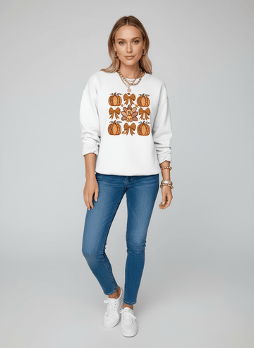 Halloween Pumpkin Bow Graphic Drop Shoulder Sweatshirt - CELIVINE