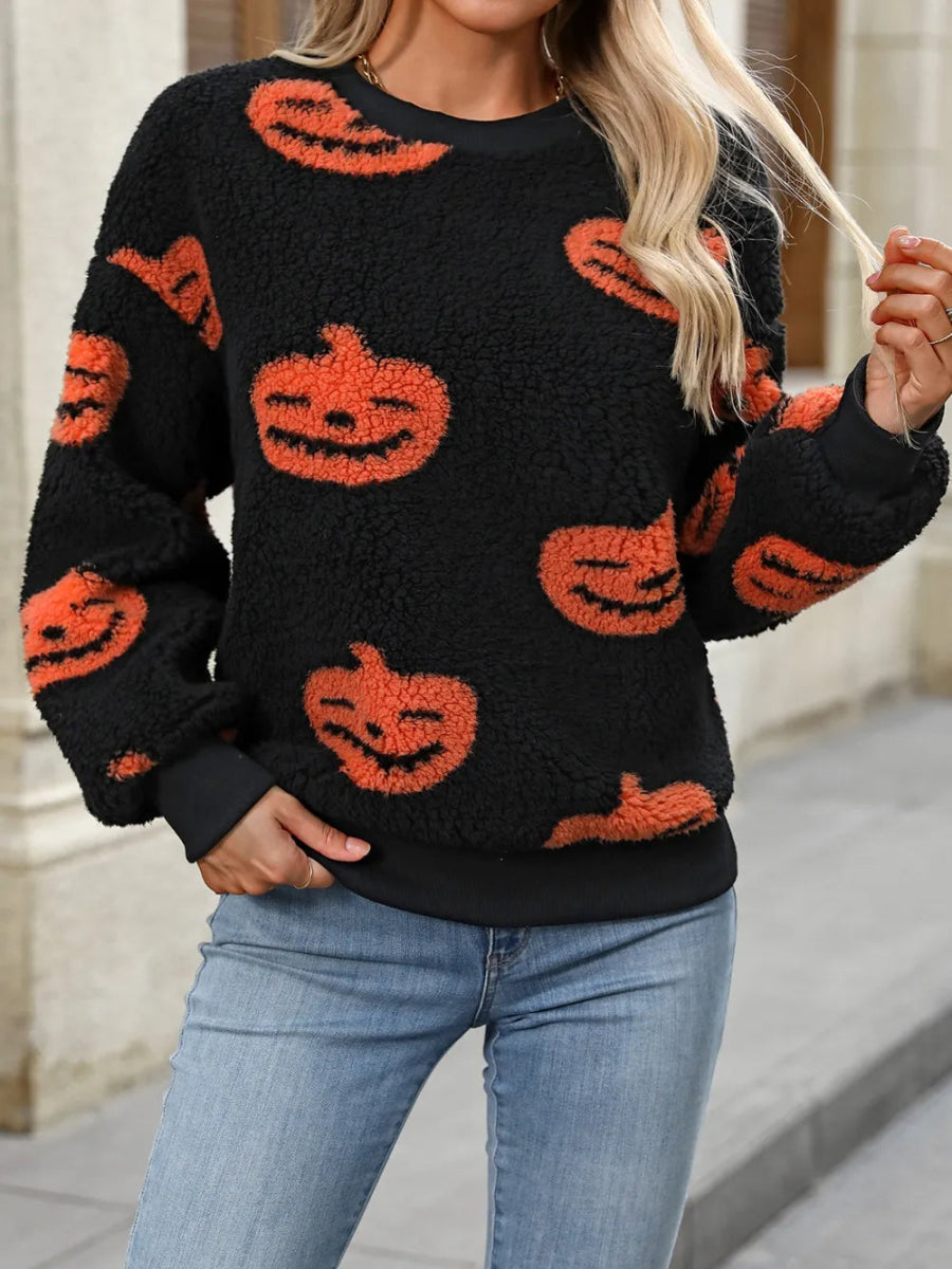 Fuzzy Pumpkin Round Neck Dropped Shoulder Sweater - CELIVINE