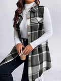 Honey Plus Size Pocketed Plaid Button Up Vest Coat - CELIVINE