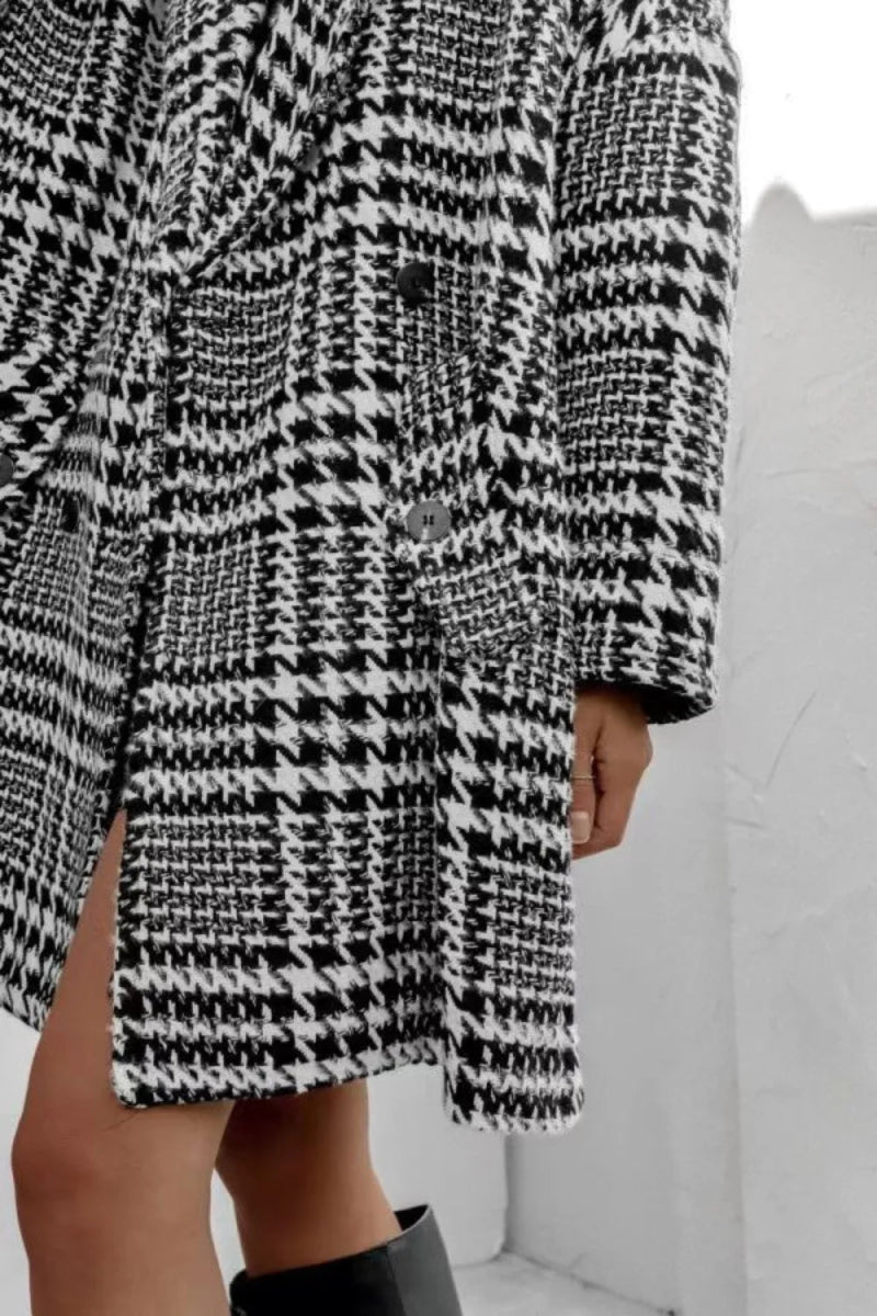 Houndstooth Collared Neck Long Sleeve Coat with Pockets - CELIVINE