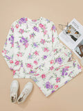 Floral Print Round Neck Top and Drawstring Pants Lounge Set - CELIVINE