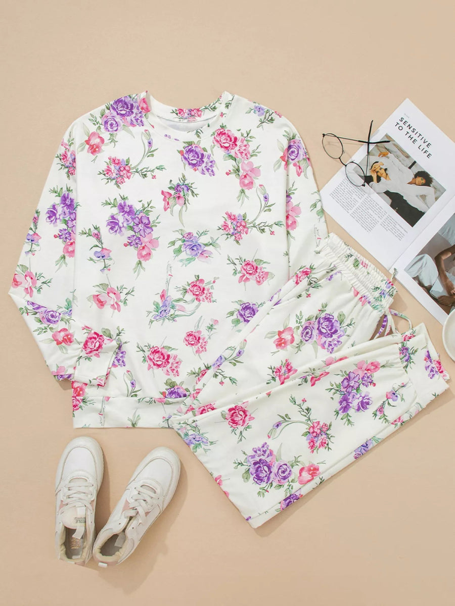 Floral Print Round Neck Top and Drawstring Pants Lounge Set - CELIVINE