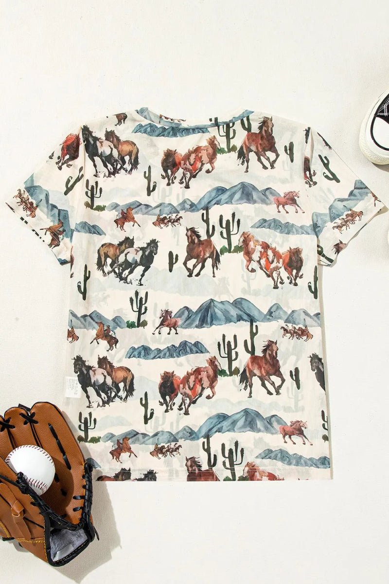Western Fashion Mustang River Printed Mesh T Shirt - CELIVINE