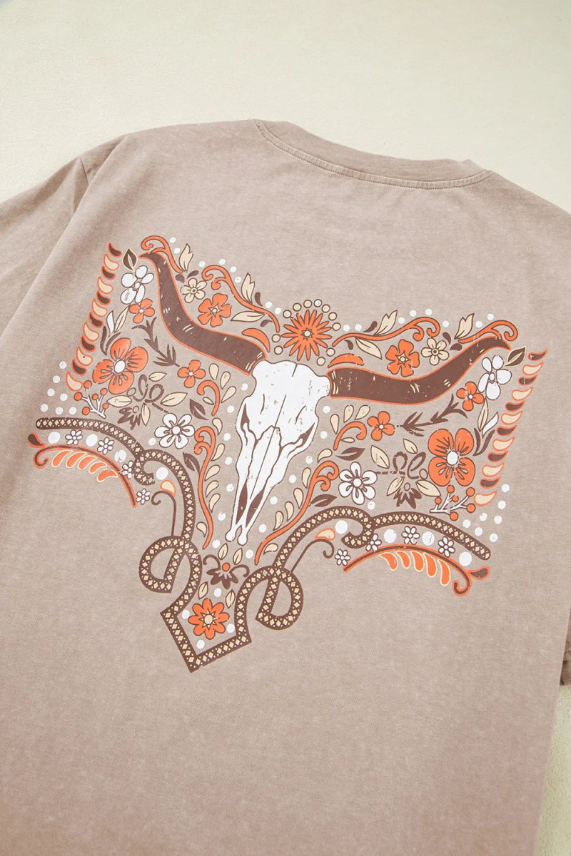 Mineral Wash Floral Steer Head Printed Back Western Fashion Tee - CELIVINE