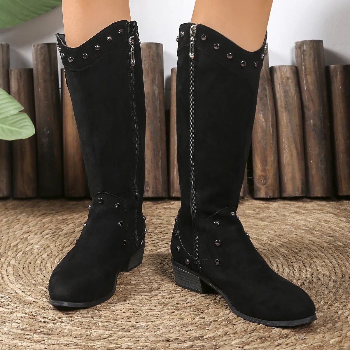 Studded Mid - Calf Boots with Side Zipper Closure - CELIVINE