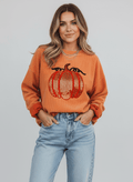 Halloween Sequined Pumpkin Ribbed Round Neck Sweatshirt - CELIVINE