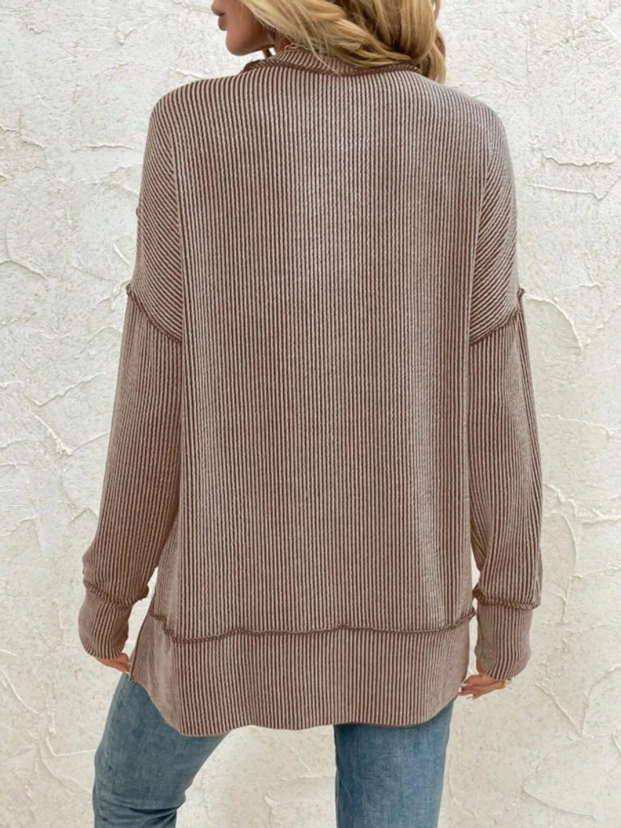 Side Slit Round Neck Dropped Shoulder Sweatshirt - CELIVINE