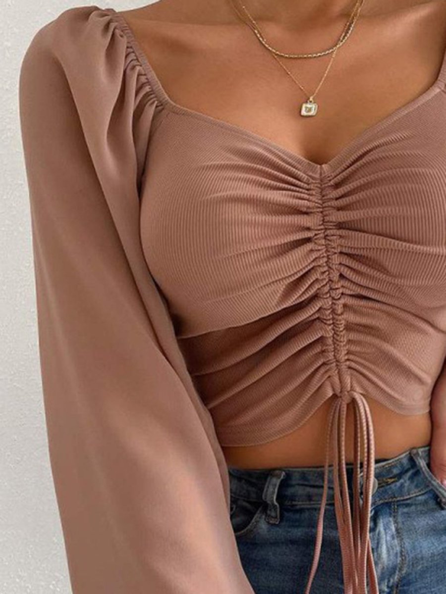 Drawstring Sweetheart Neck Cropped Top - CELIVINE