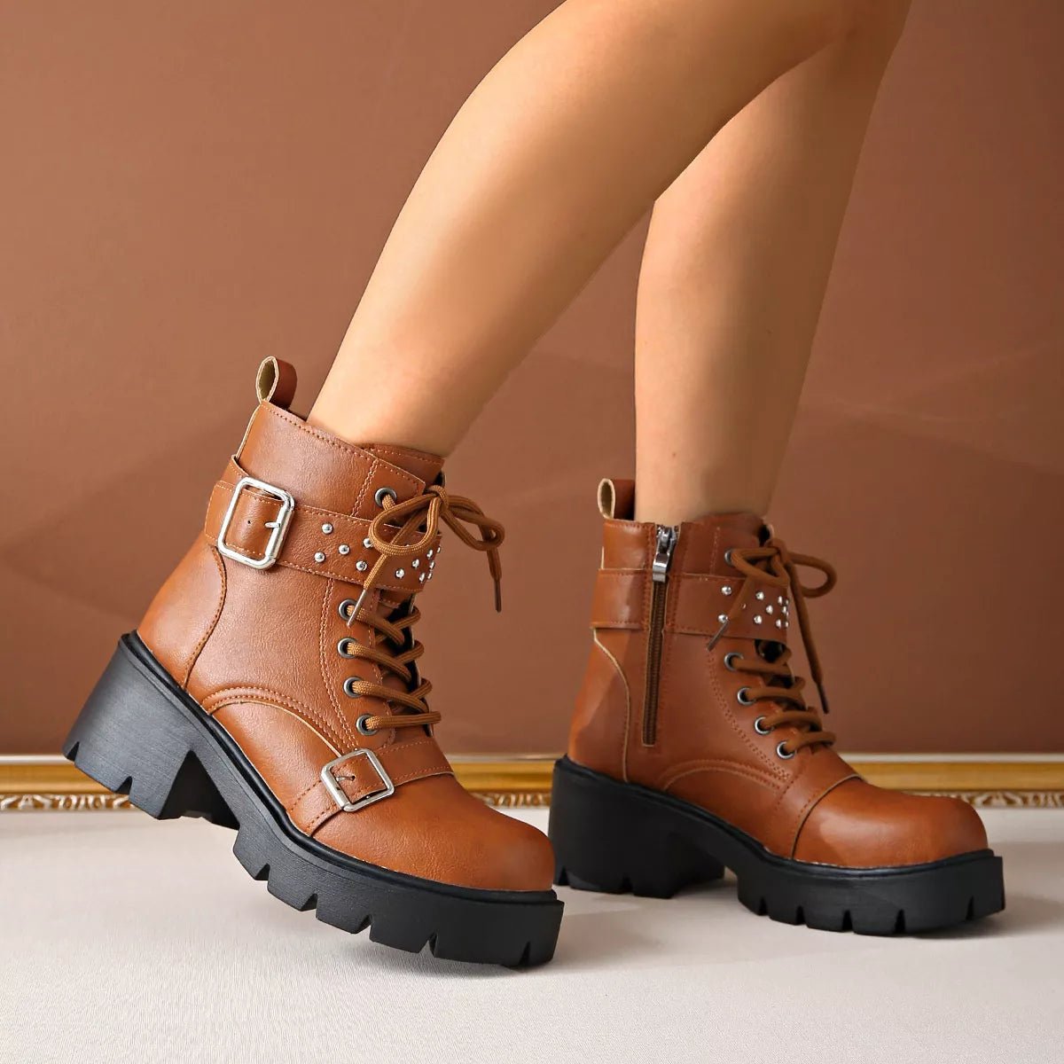 Round Toe Block Heels Boots - CELIVINE