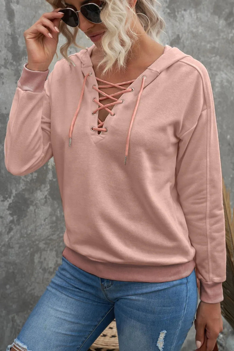 Lace Up Long Sleeve Hoodie - CELIVINE