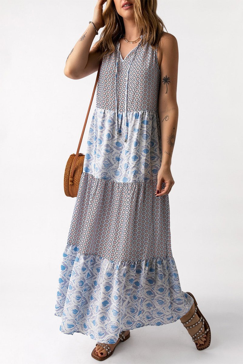 Mixed Print Tie - Neck Sleeveless Maxi Dress - CELIVINE