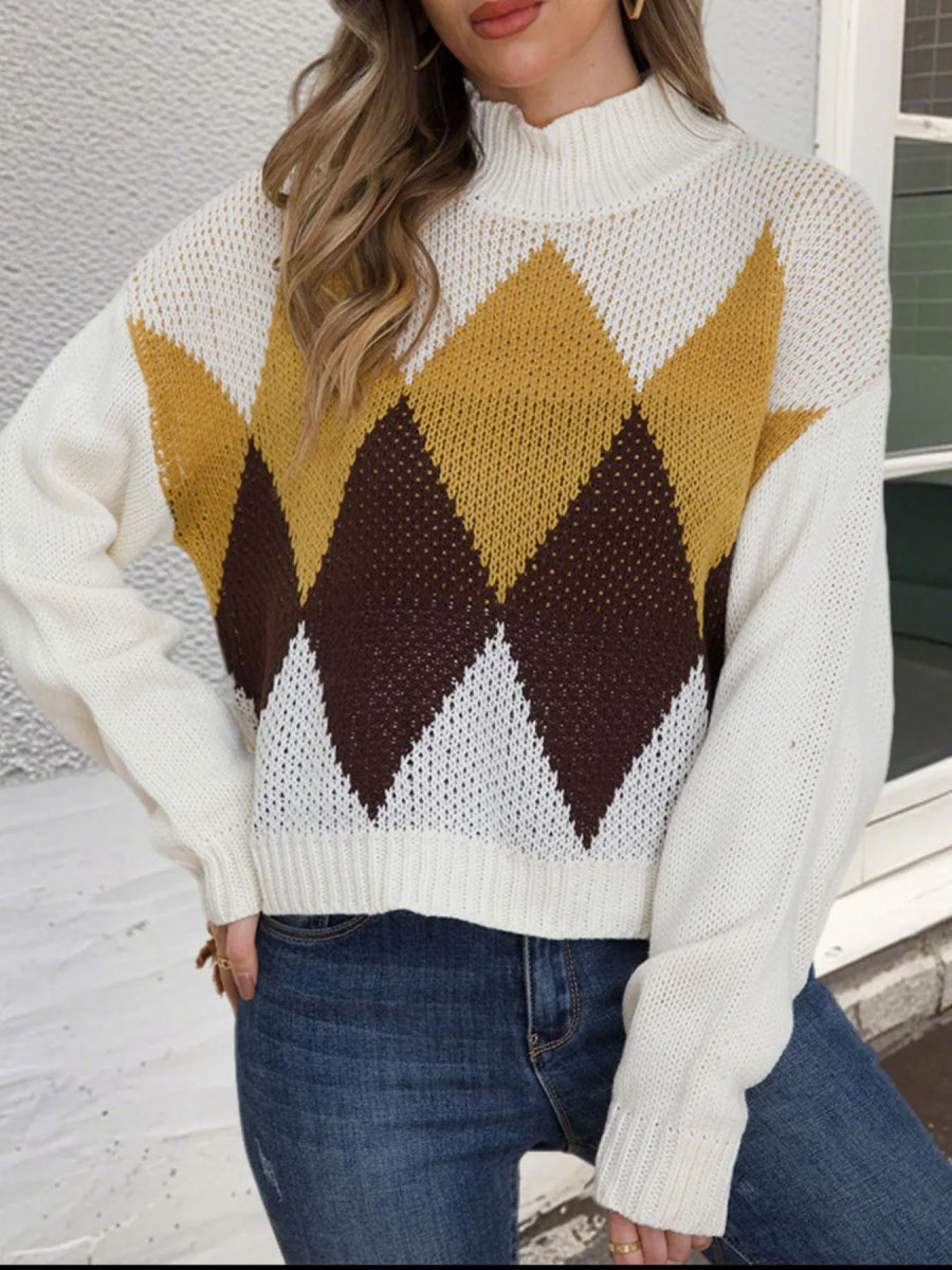 Diamond Pattern Turtleneck Sweater - CELIVINE