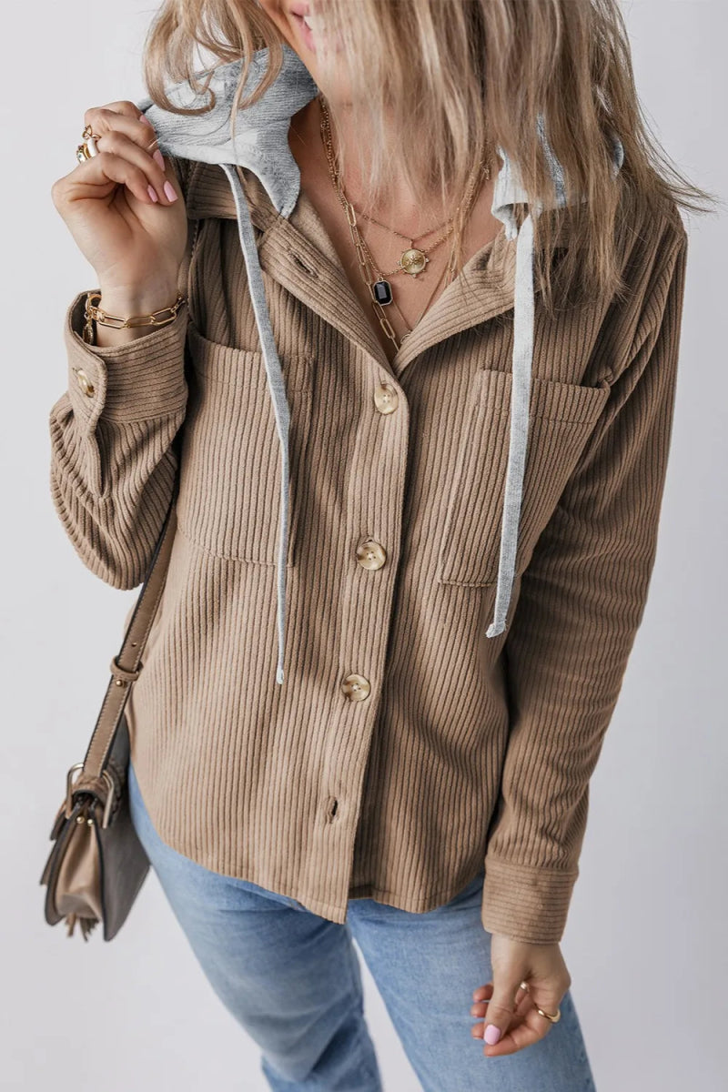 Drawstring Button Up Long Sleeve Hooded Jacket - CELIVINE