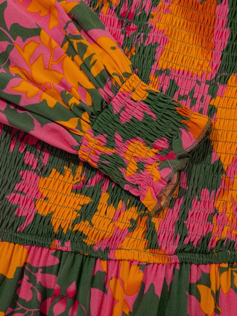 Smocked Floral Print Long Sleeve Maxi Dress - CELIVINE