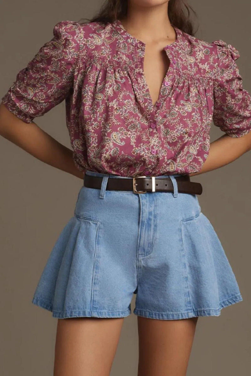 Pleated Patchwork Panel Lightweight Denim Shorts - CELIVINE