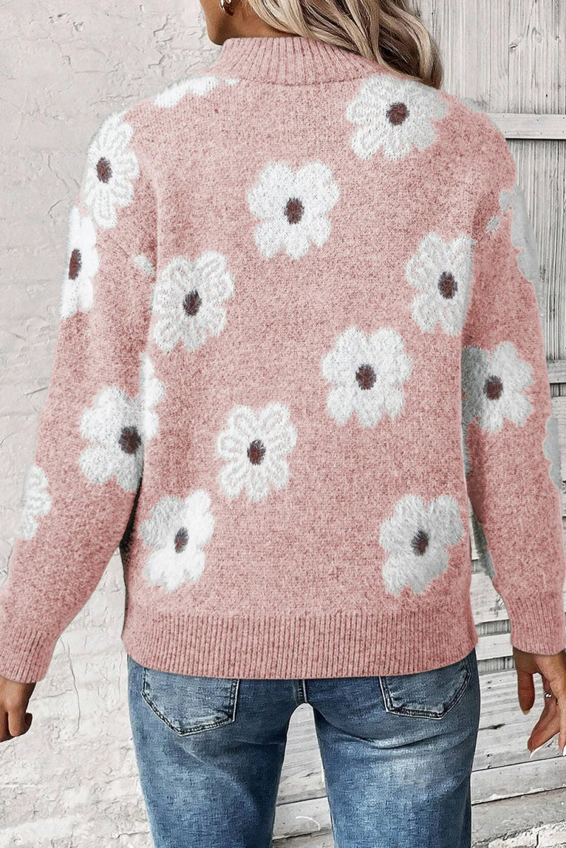 Flower Half Zip Long Sleeve Sweater - CELIVINE