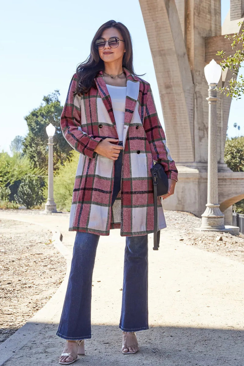Double Take Full Size Plaid Button Up Lapel Collar Coat - CELIVINE