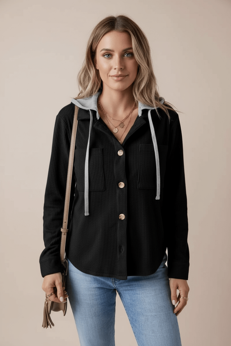 Drawstring Button Up Long Sleeve Hooded Jacket - CELIVINE