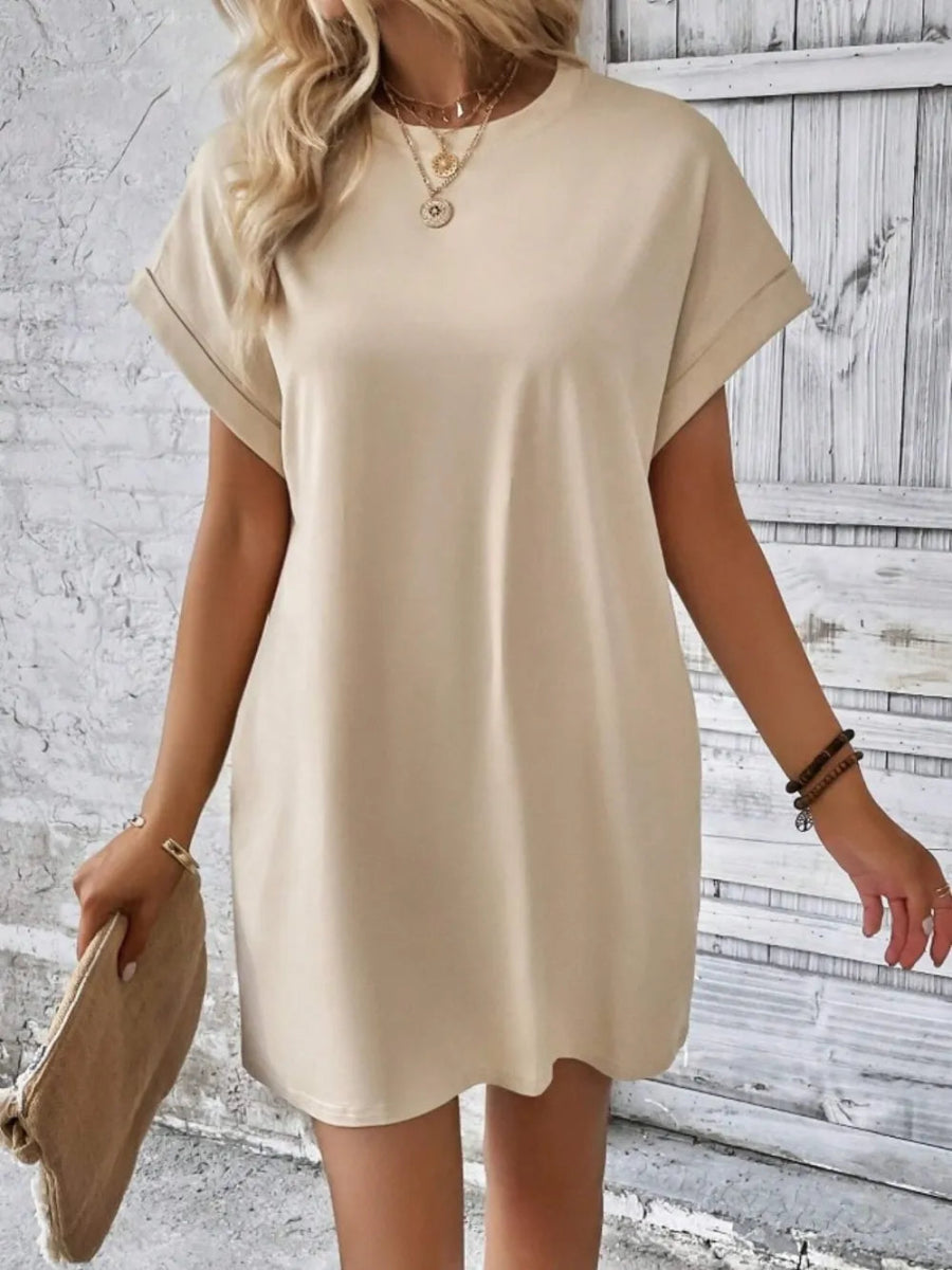 Pocketed Round Neck Short Sleeve Dress - CELIVINE